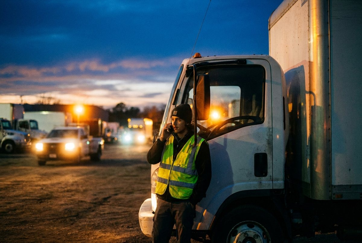 A delivery driver in a hi-vis vest leans against a box truck at dusk in a yard, phone held to his ear mid-conversation.