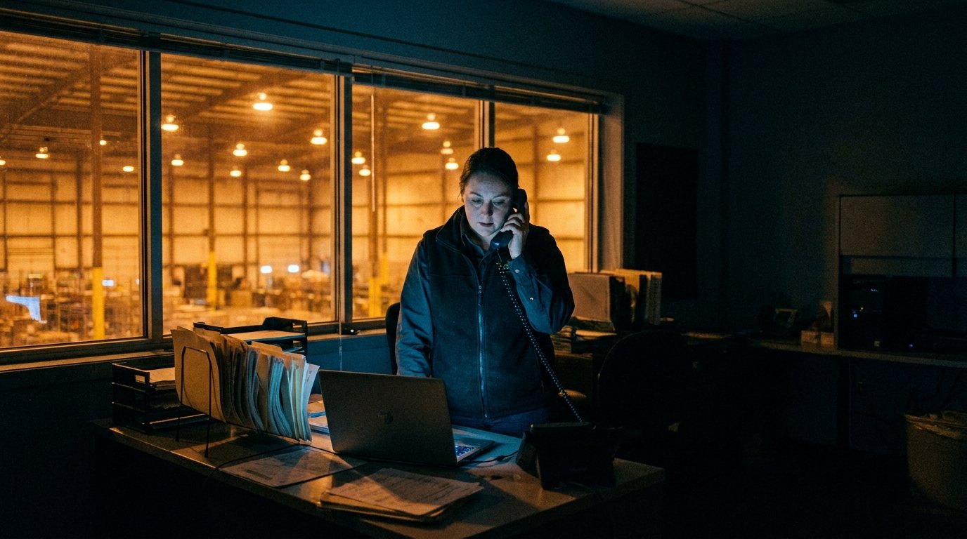 A dispatch manager stands at a desk in a warehouse office after dark, a phone handset to her ear, a rack of paper applications and an open laptop in front of her, the lit warehouse floor visible through the window behind.