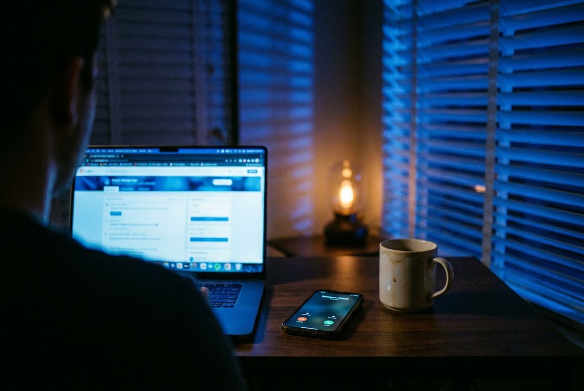 A home office desk at night: an open laptop with a web form on screen, a phone face up on the wood lighting up with an incoming call, a cold cup of coffee.