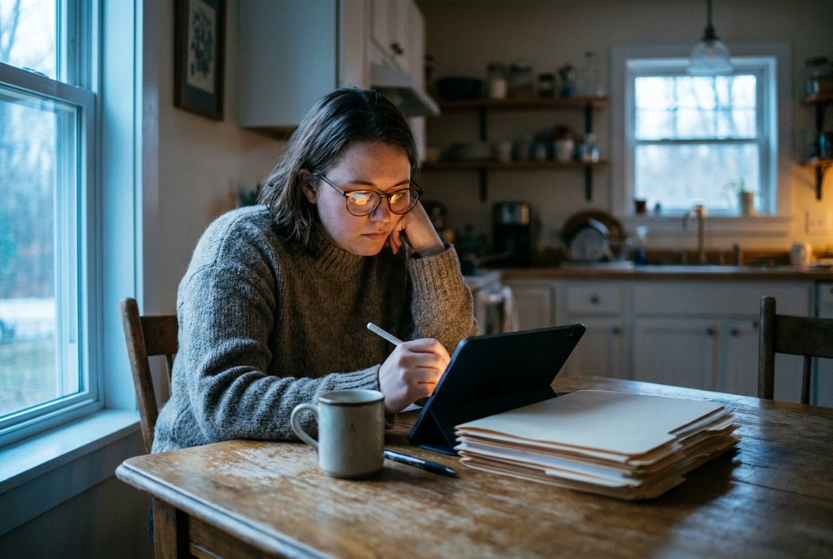 A small business owner at a kitchen-table office in the morning, reading a tablet propped against a stack of folders.